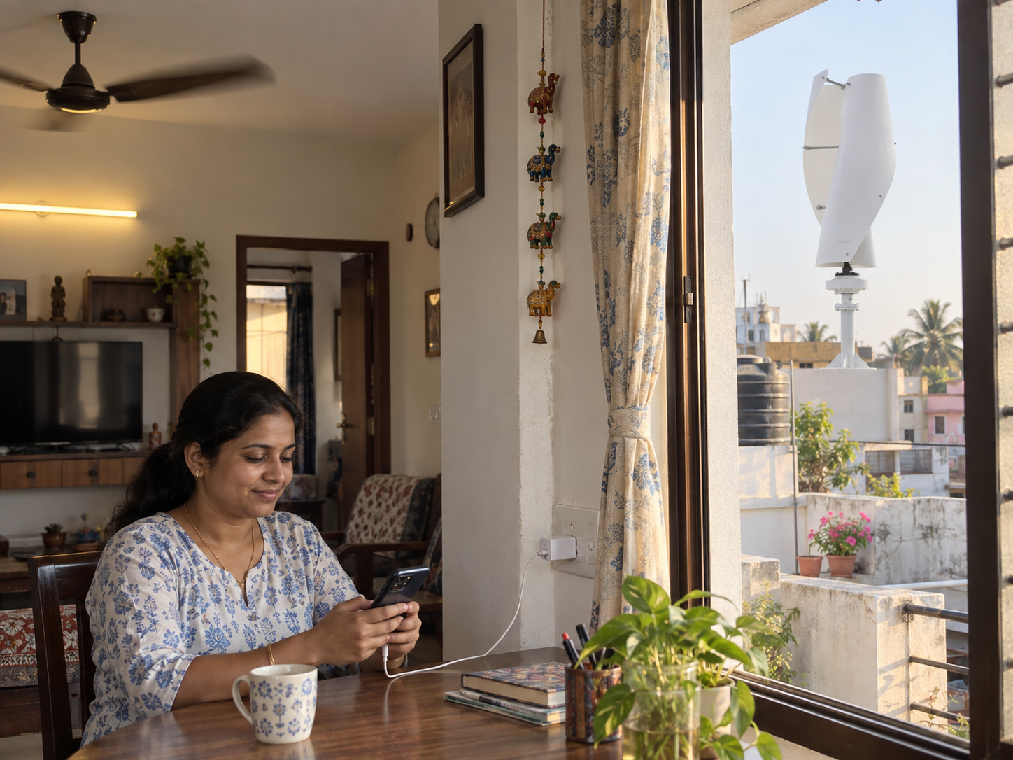 घर के अंदर बिजली उपयोग के साथ बाहर दिखती Solario wind turbine