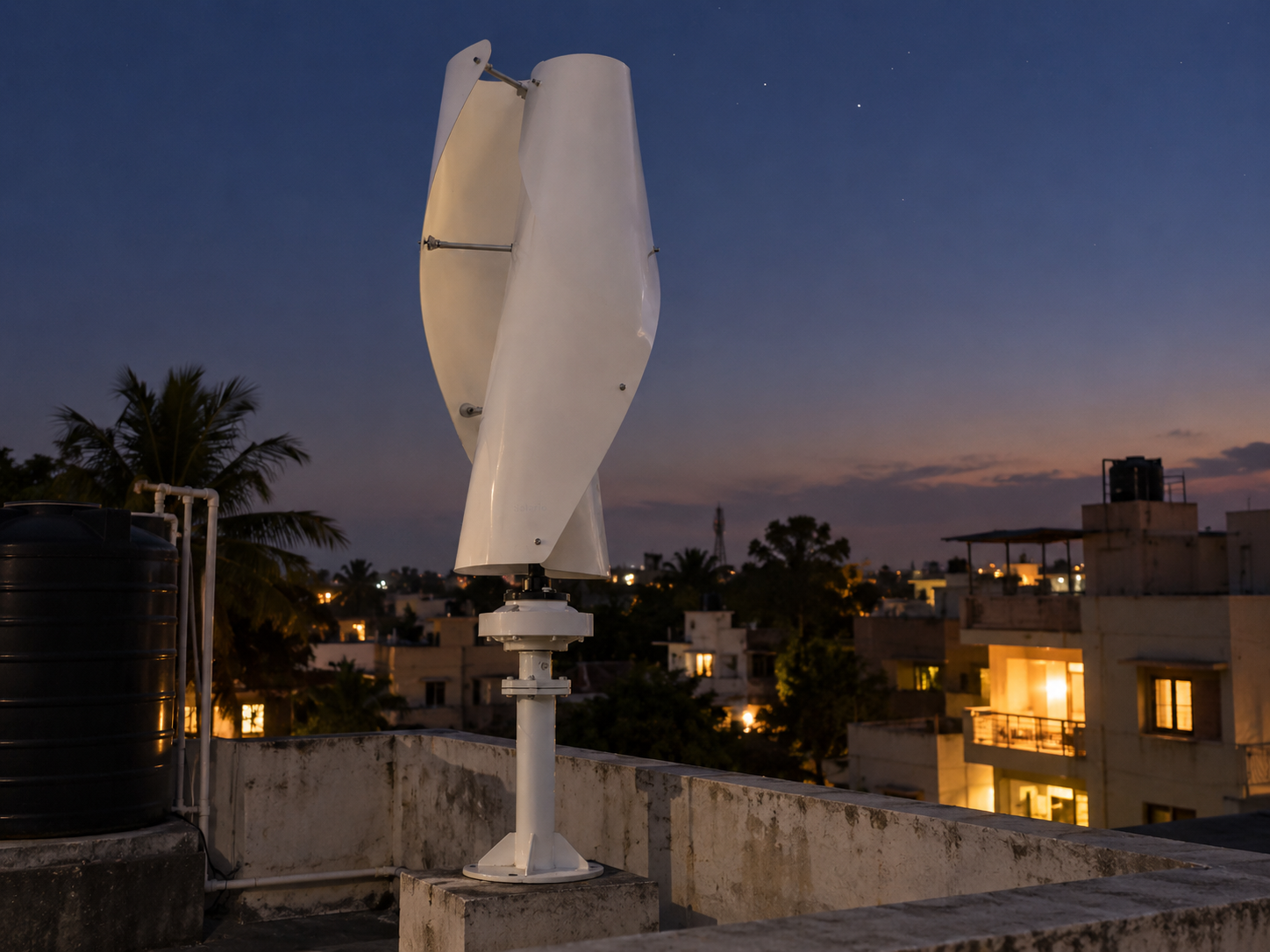 Solario rooftop wind turbine after dark on an Indian home