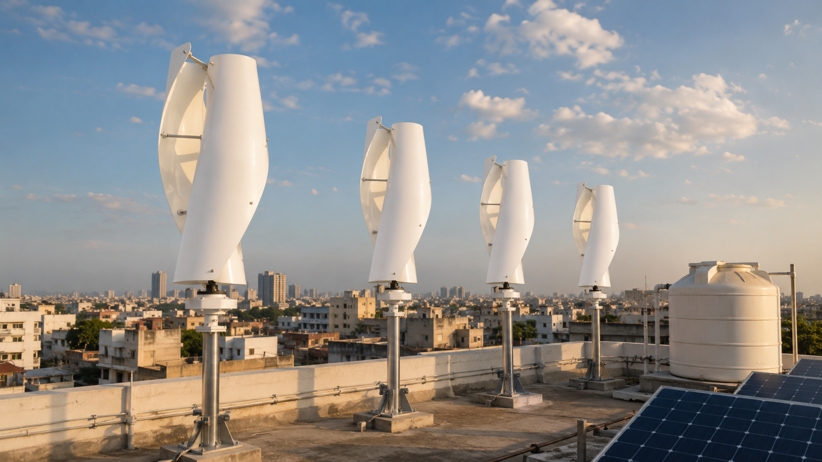 Solario vertical wind turbines on a rooftop with solar panels