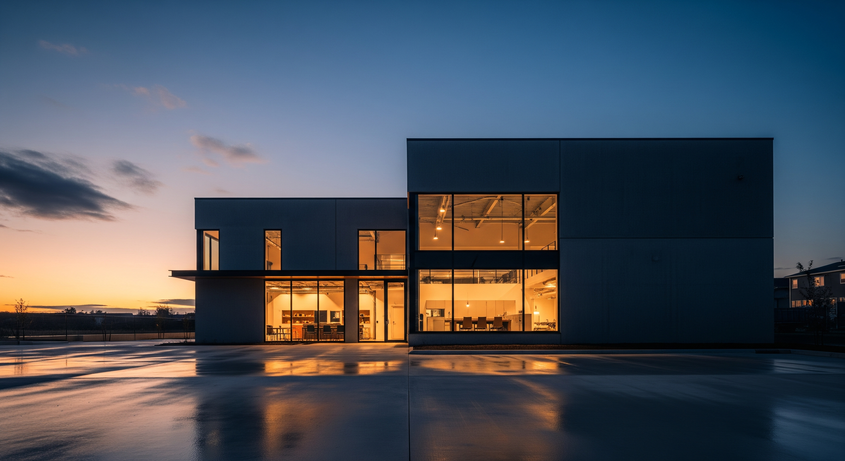 Factory exterior at dusk with warm interior lighting